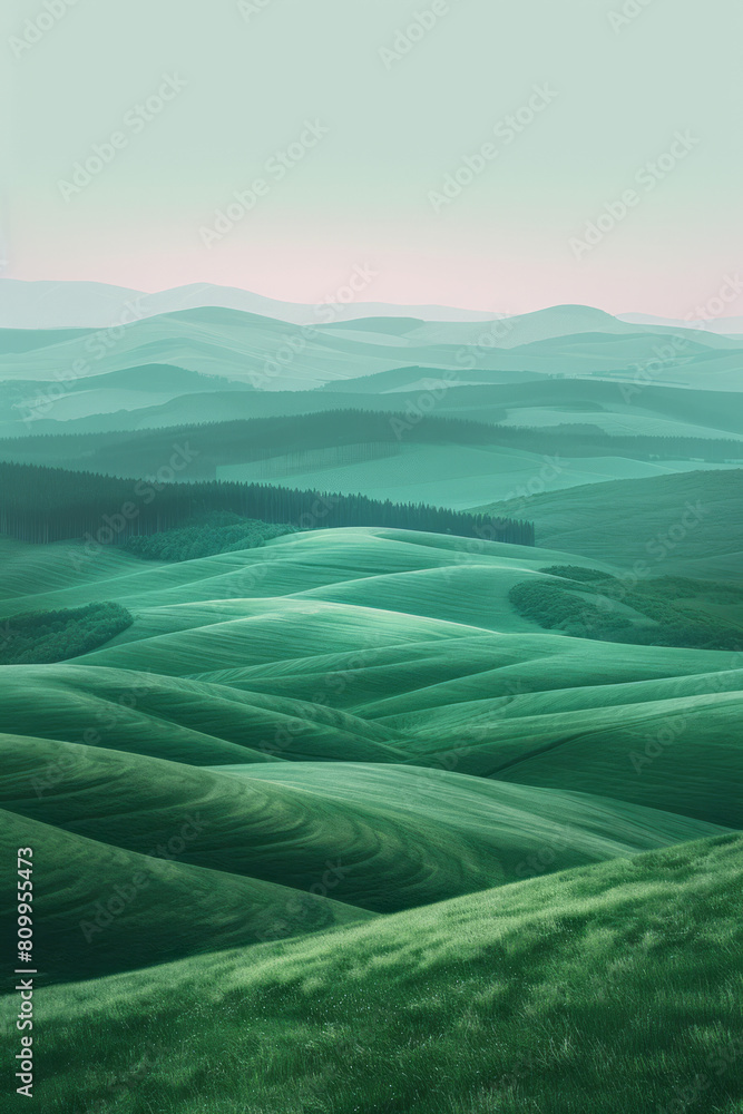 Aufkleber surreal digital landscape of rolling hills under a sky with a smooth gradient from pastel pink to li