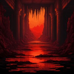 Digital illustration of an ancient lava-filled cavern pathway under a fiery sky, ideal for fantasy and apocalyptic concept art