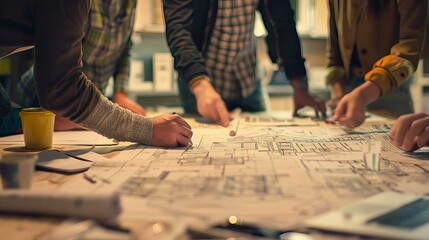A dynamic image of a creative team intensely discussing and reviewing design layouts and digital content, captured in a modern office setting