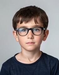 ID Photo for Passport : European child boy with straight short black hair and blue eyes, with glasses and wearing a navy t-shirt