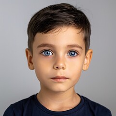 ID Photo for Passport : European child boy with straight short black hair and blue eyes, without glasses and wearing a navy t-shirt