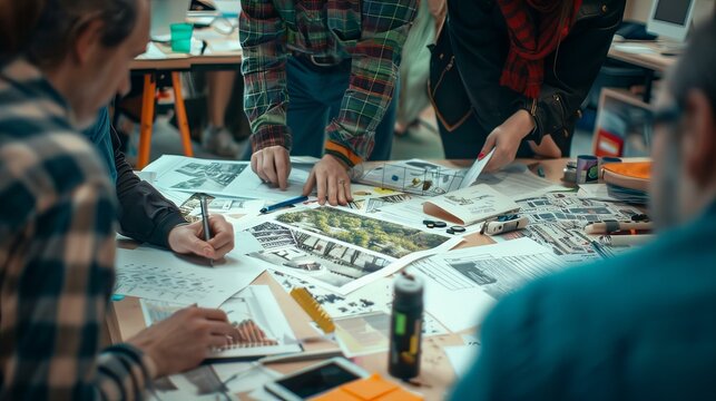 A dynamic image of a creative team intensely discussing and reviewing design layouts and digital content, captured in a modern office setting
