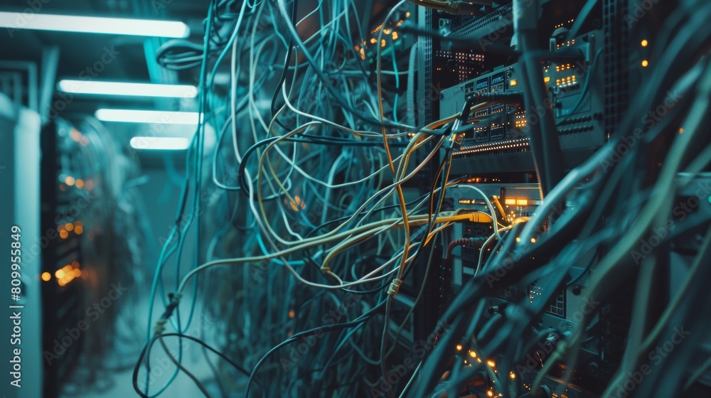 Poster a pixelated tangle of brightly colored network cables behind a server rack, creating a chaotic yet n