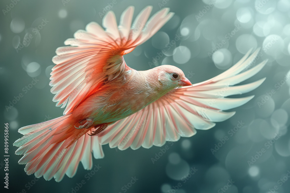 Aufkleber illustration of a bird in flight with feathers that shift in color from pastel pink to light green,