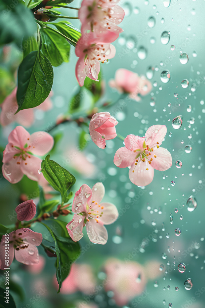 Poster artistic interpretation of a spring shower with raindrops showing a color gradient from pastel pink 