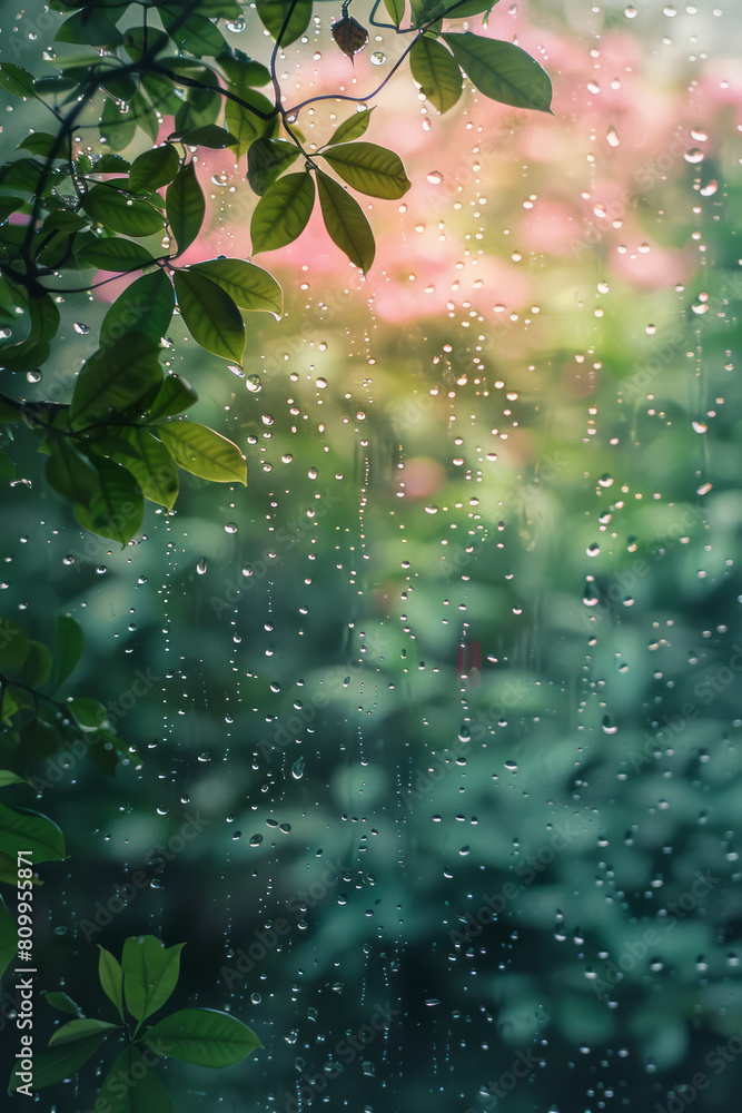 Poster artistic interpretation of a spring shower with raindrops showing a color gradient from pastel pink 