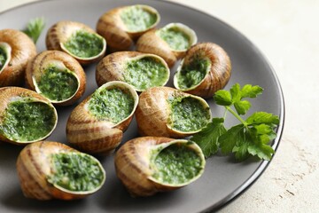 Delicious cooked snails with parsley on light table, closeup