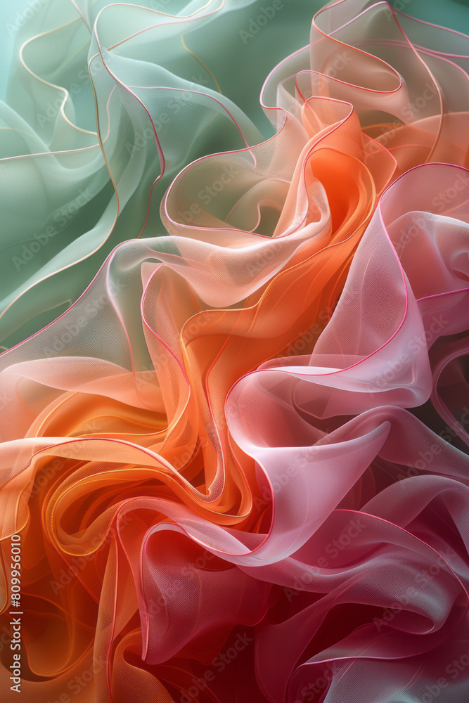 Poster graphic design of an abstract wave pattern with a smooth transition from pastel pink to light green,