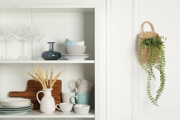 Different clean dishware and glasses on shelves in cabinet indoors