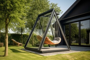Stylish outdoor swing within a geometric frame in an upscale garden beside a contemporary home