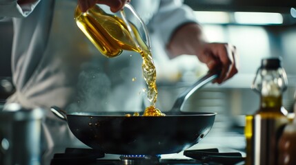 Close-up of male chef pouring oil into the pan - Powered by Adobe