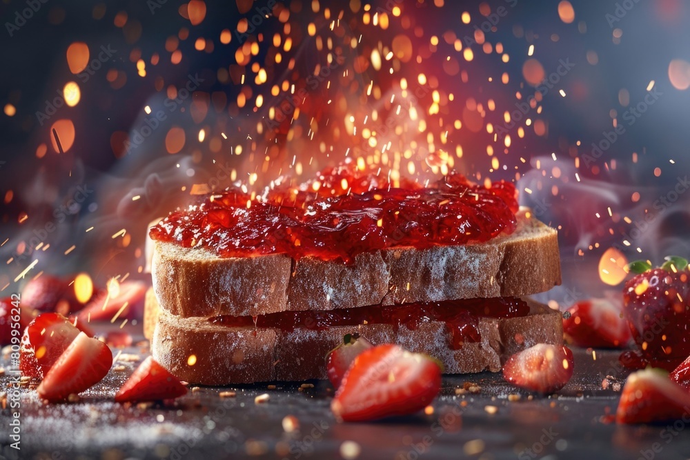 Wall mural Close-up shot of a piece of bread with strawberry jam. Perfect for food and breakfast concepts