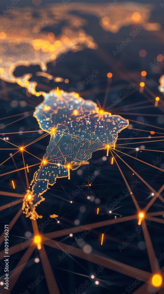 Poster a global map with pulsating beams of light representing major data arteries, converging on cloud hub