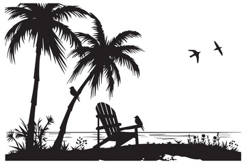 summer Scene With A Beach Chair With small Palm Trees, and sunbird Beach Time, Summer Vacation black silhouette white background