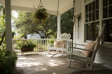 Serene porch scene with white rocking chairs, hanging plants, and sunlight filtering through