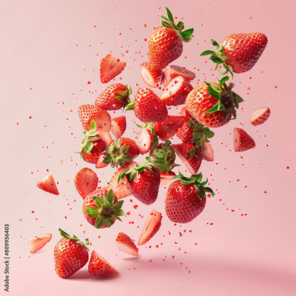 Poster a close up of a bunch of strawberries with some of them cut in half. the image has a playful and lig