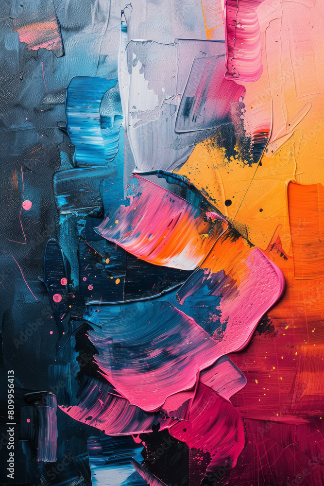 Poster abstract expressionist painting with a chaotic gradient and sharp, angular lines cutting through,