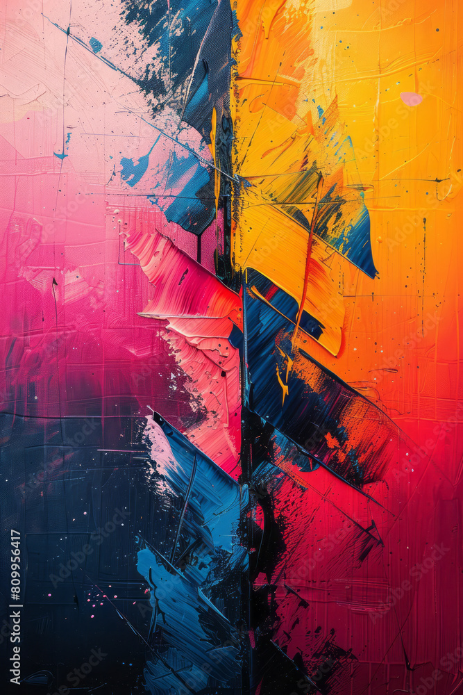Poster abstract expressionist painting with a chaotic gradient and sharp, angular lines cutting through,
