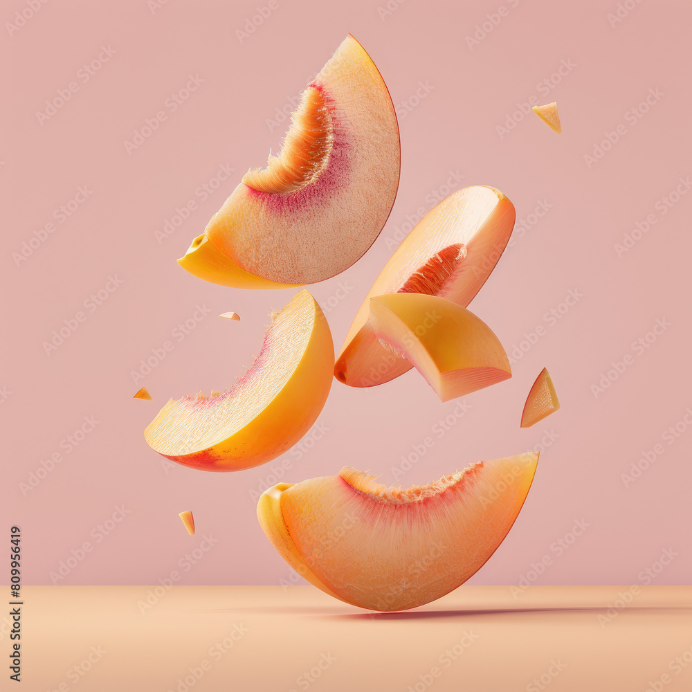 Poster a close up of a sliced peach with the slices flying in the air. concept of motion and energy, as if 