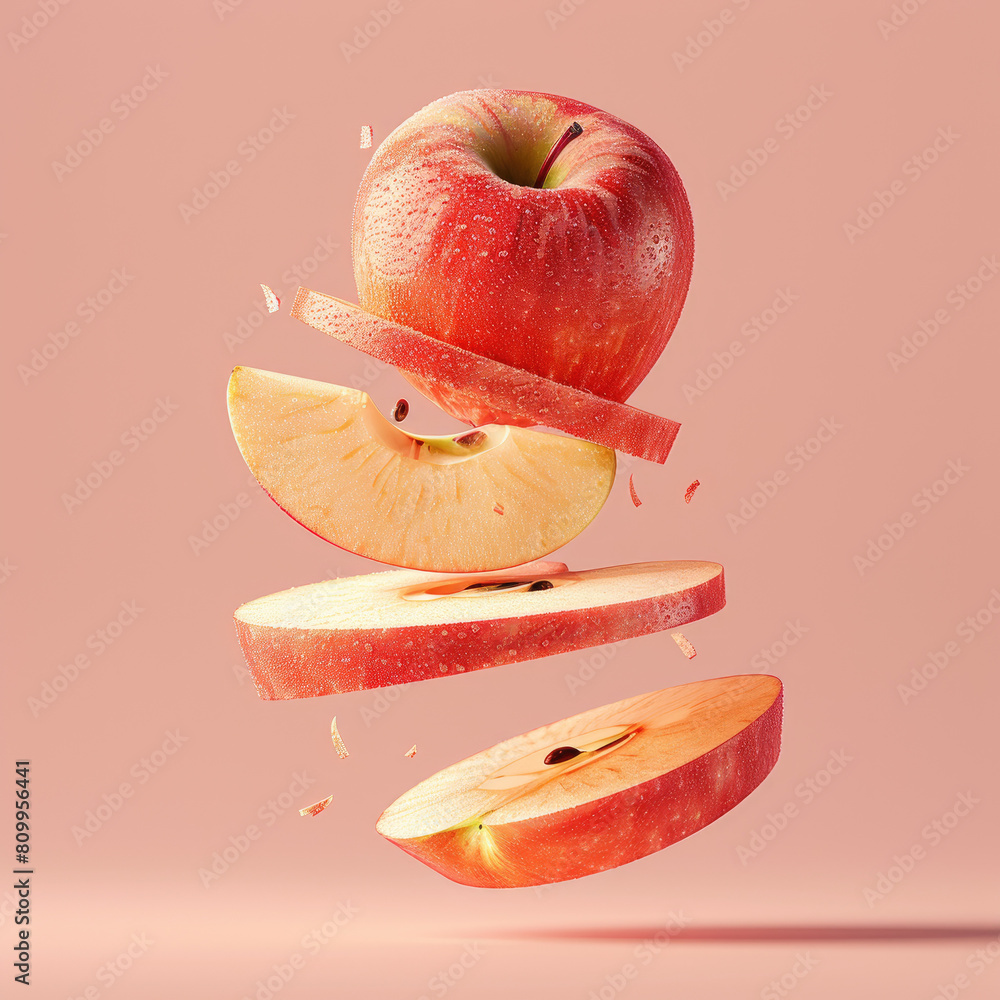 Poster a close up of a sliced apple with a few pieces still attached. the apple is in the air, with the sli
