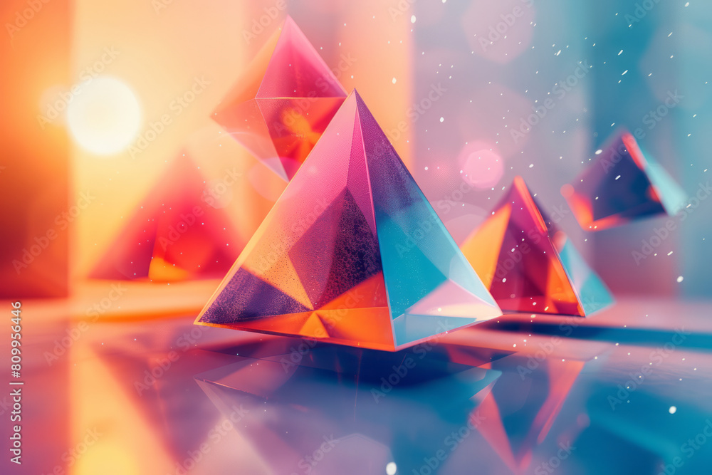 Poster art print with a gradient background and floating geometric shapes that create a 3d effect,