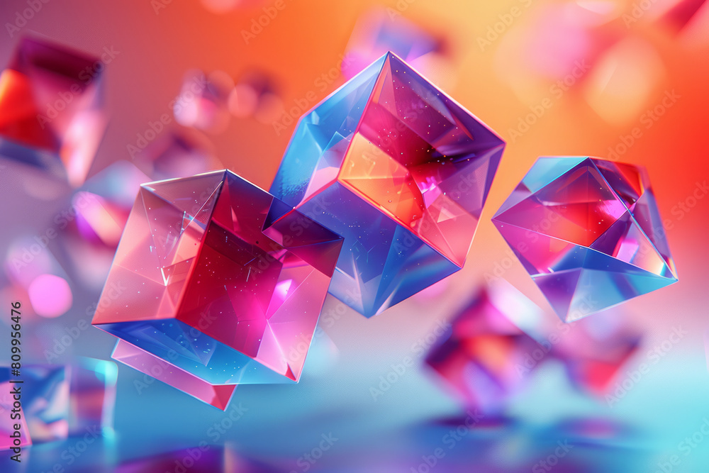 Poster art print with a gradient background and floating geometric shapes that create a 3d effect,