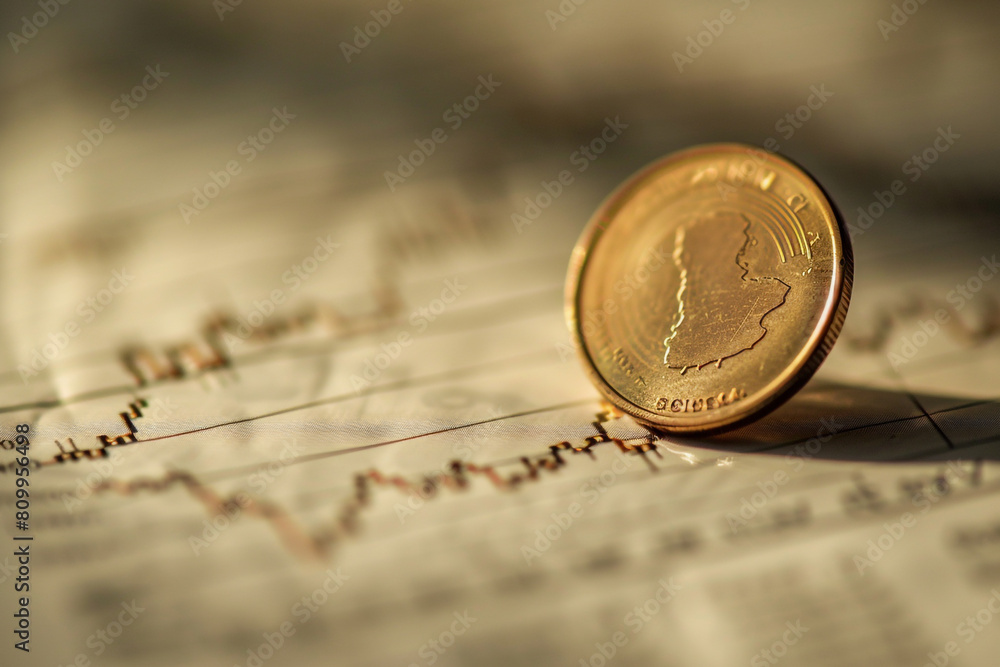 Poster macro view of a single coin on a fluctuating stock chart, illustrating the fragility of savings duri
