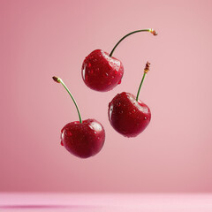 Three cherries are shown in the air, with their stems visible. The cherries are red and appear to be wet, giving the impression of a fresh, juicy fruit. Concept of freshness and vitality