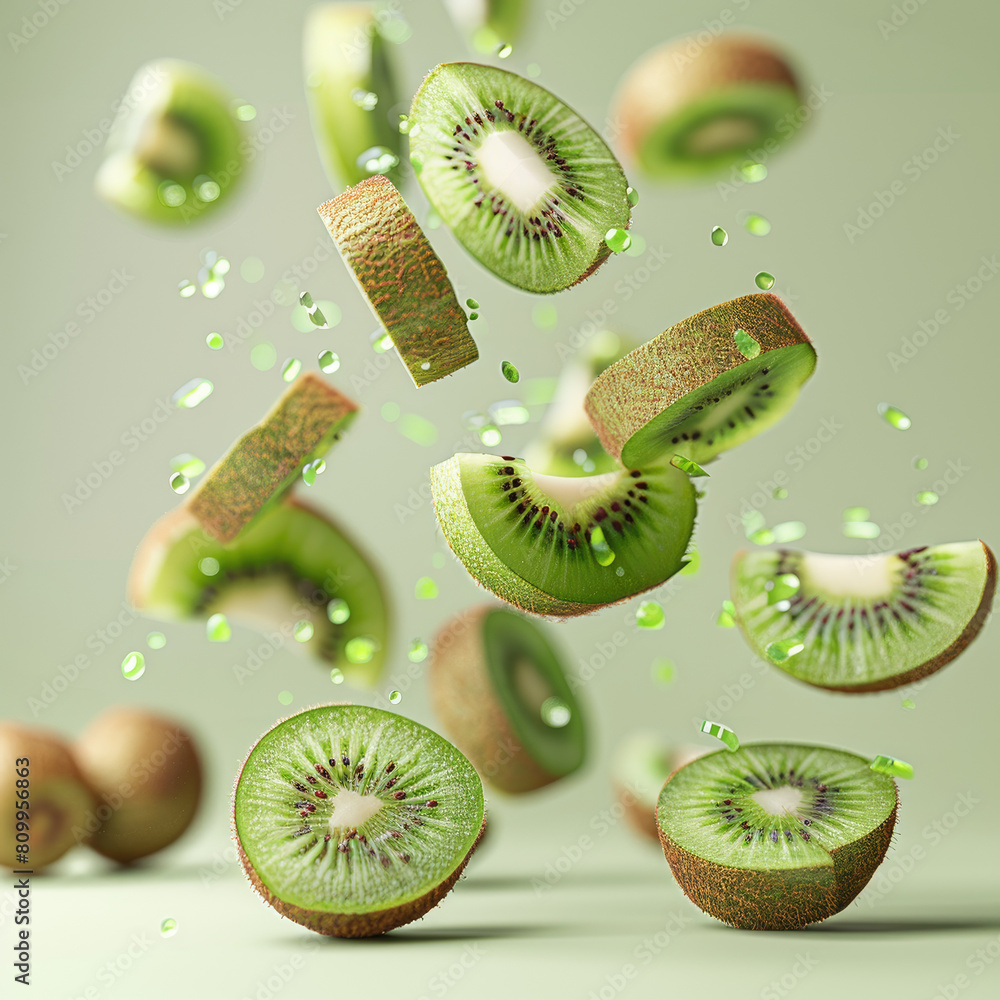 Poster a close up of a bunch of kiwi fruit with the slices flying through the air. concept of motion and en