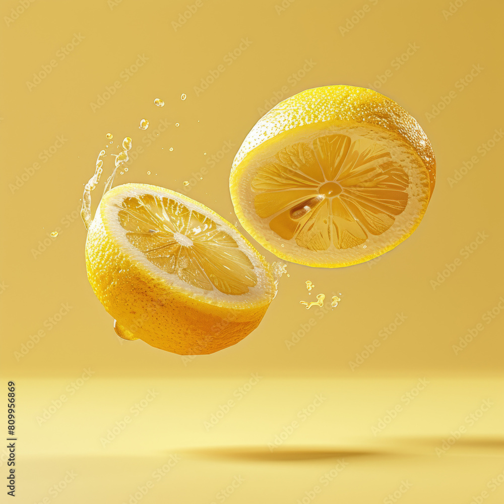 Poster a close up of a lemon with a splash of water on it. the image has a playful and fun mood, as if the 
