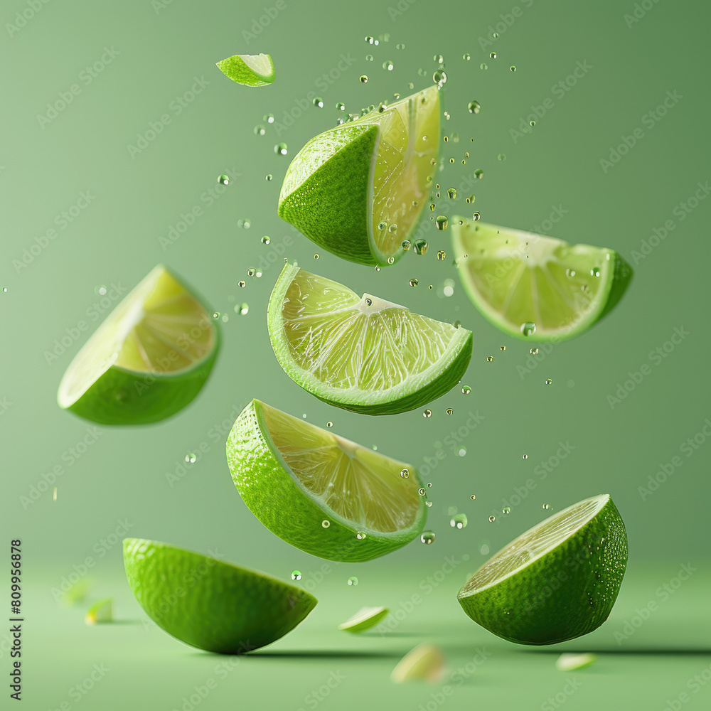 Poster a close up of a lime with a few slices missing. the lime is surrounded by water droplets, giving the