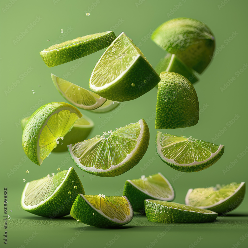 Poster a close up of several lime slices, with some of them falling from the top of the image. the lime sli