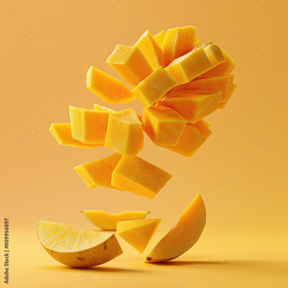 Poster a close up of a sliced mango with a yellow background. the mango is cut into many pieces, and the im