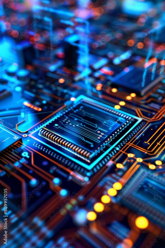 Poster blueprint close-up of a server blade, emphasizing individual processors, memory modules, and intrica