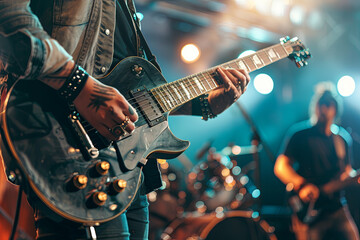 Obraz premium Guitarist on a stage playing rock to the crowd of people