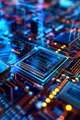 Blueprint close-up of a server blade, emphasizing individual processors, memory modules, and intricate circuit board traces