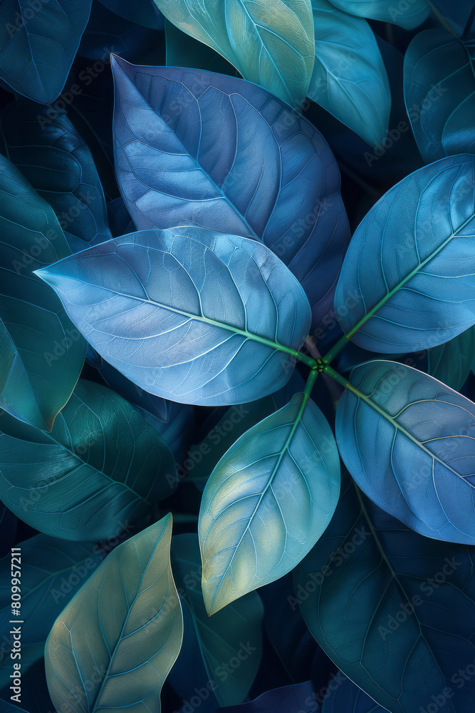 Poster minimalist poster with a smooth gradient from emerald to navy blue, adorned with stylized tropical l
