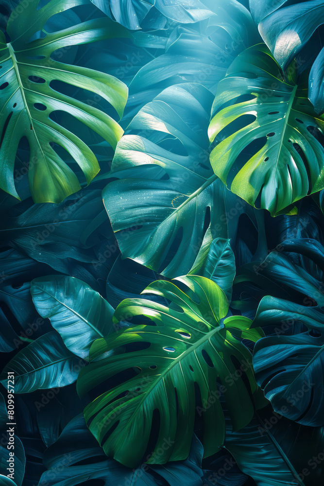 Aufkleber minimalist poster with a smooth gradient from emerald to navy blue, adorned with stylized tropical l