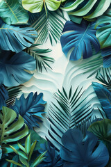 Minimalist poster with a smooth gradient from emerald to navy blue, adorned with stylized tropical leaf outlines,