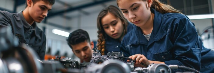 student in an automotive teacher's class were working on engine parts together. The female student wearing a blue uniform and one male teenager dressed in a dark grey uniform were watching them while  - Powered by Adobe