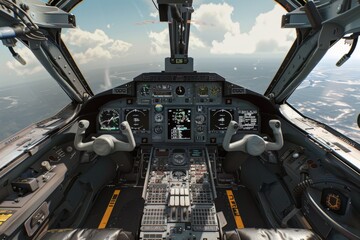 F-16 cockpit with detailed instrumentation, HUD displaying targeting information