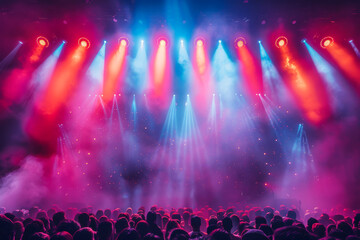 Concert crowd with bright stage lights, ideal for entertainment and event promotion.