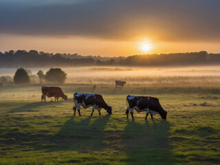 Dawn on the Farm, Panorama of Cows Grazing in Dew-Drenched Meadow with Sun Rising Amidst Morning Haze