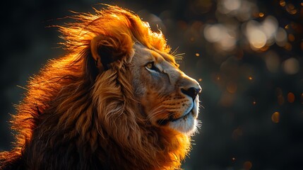 A majestic lion, its mane flowing in the wind, standing proudly against a solid background