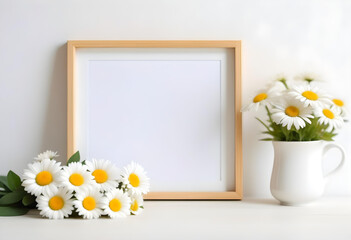 A white photo frame with white flowers and a white cup on a white wall