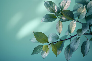 Wellness app interface with a soothing background gradient from olive green to pastel blue, enhanced by leaf motifs,
