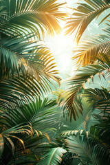 Promotional flyer for a tropical resort, showcasing a gradient from green to blue and iconic palm leaves,