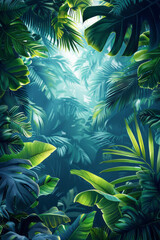 Childrenâ€™s book illustration of a jungle adventure with a background gradient from green to blue and playful leaf designs,