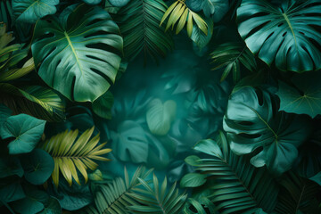 Fototapeta premium Travel blog header with a dreamy gradient from forest green to aquamarine, decorated with tropical foliage,