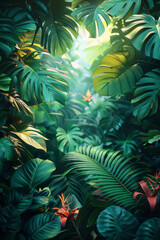 Eco-tourism poster with a deep green to blue gradient and detailed illustrations of rainforest leaves,